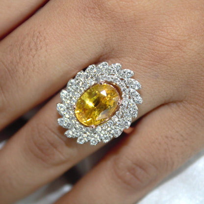Real Gold Yellow Sapphire & Diamond Ring, Unique Cluster Engagement Ring, Real Gold Diamond Jewelry Fine Jewelry Gift for Women or Daughter