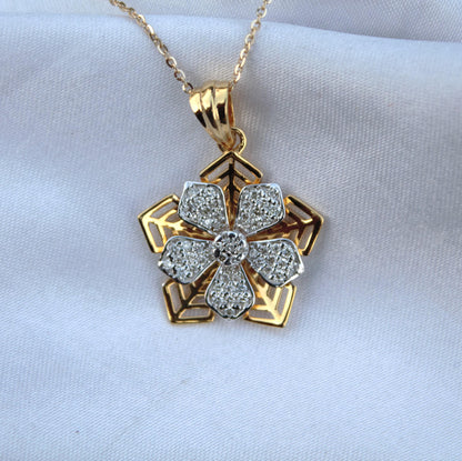 Yellow Gold Diamond Jewelry Set, 18k Gold Pendant Earring Set, Floral Design Classic Jewelry, Gold Chain Pendant with Stud Earrings for Her