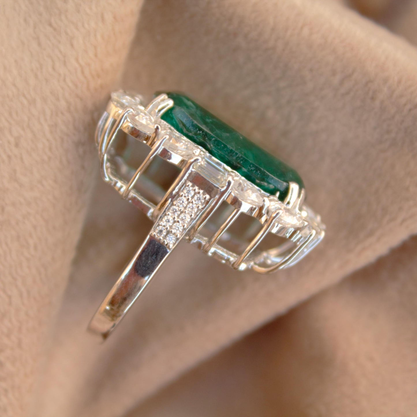 Elongate Cushion Emerald Inclusion with Moissanite Ring, Unique Ring for Men and Women, Green Gemstone Jewelry, Handmade Propose Ring Gift