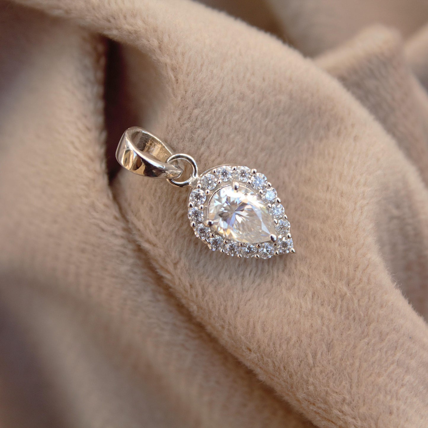 Solitaire Halo Pendant in 925 Sterling Silver, Pear Cut Moissanite Charm Pendant, Dainty Silver Pendant for Chain, Minimalist Jewelry Gift