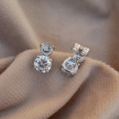 Statement Moissanite Stud Dangle Earrings, Round Cut White Stone Everyday Earrings, 925 Sterling Silver Push Back Earrings, Ready To Ship