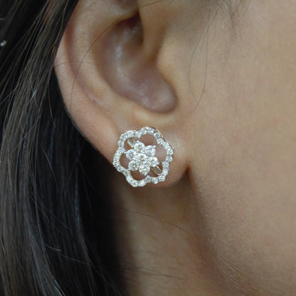 Floral Shape Gold Diamond Jewelry Set, 18k Rose Gold Chain Pendant with Stud Earrings, Real Diamond Bridal Jewelry Set for Wedding Gift