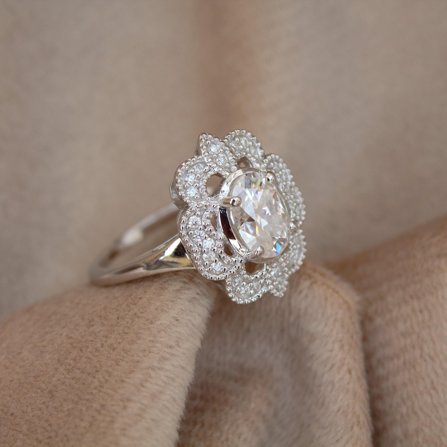 Brilliant Cut Moissanite Cluster Ring, 925 Sterling Silver Designer Ring for Bride, Vintage Wedding Ring, Beautiful Silver Jewelry for Women