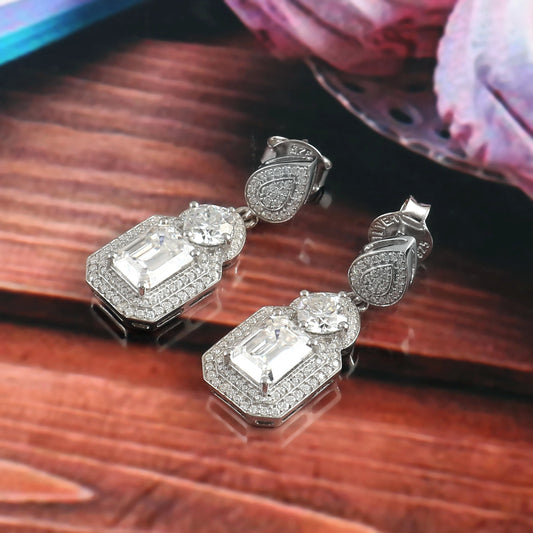 Colorless Moissanite Earrings, Stud Dangle Earrings, Solitaire White Gold Earrings, Halo Moissanite Earring, Designer Wedding Gift for Bride