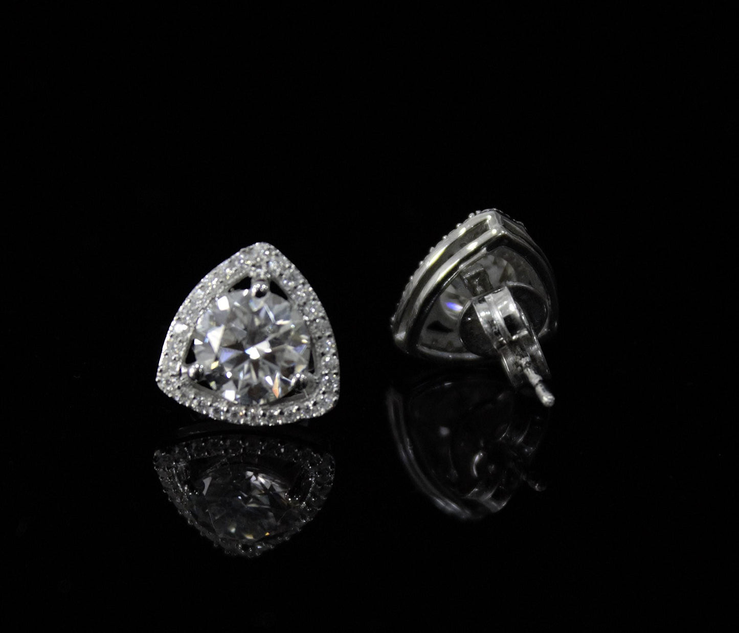 Silver Stud Moissanite Earrings for Her, Solitaire Halo Stud Earrings, Trillion Shape Earrings, Round Cut Earrings, 925 Sterling Silver Stud