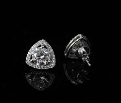 Silver Stud Moissanite Earrings for Her, Solitaire Halo Stud Earrings, Trillion Shape Earrings, Round Cut Earrings, 925 Sterling Silver Stud