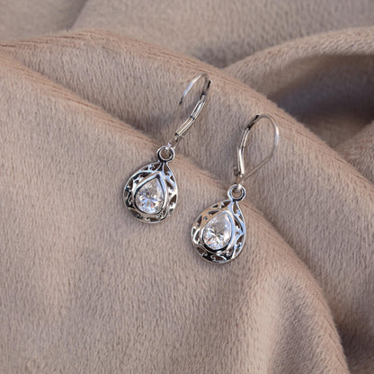 White Moissanite Lever Back Earrings – 925 Sterling Silver Filigree Jewelry, Minimalist Art Deco Earrings, Teardrop 925 Silver Jewelry, Gift