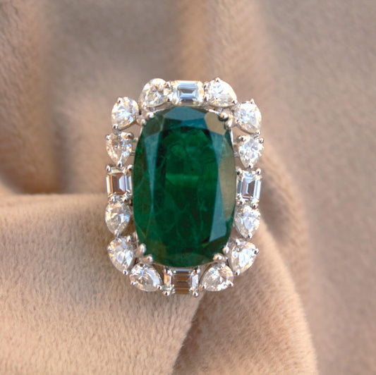 Elongate Cushion Emerald Inclusion with Moissanite Ring, Unique Ring for Men and Women, Green Gemstone Jewelry, Handmade Propose Ring Gift