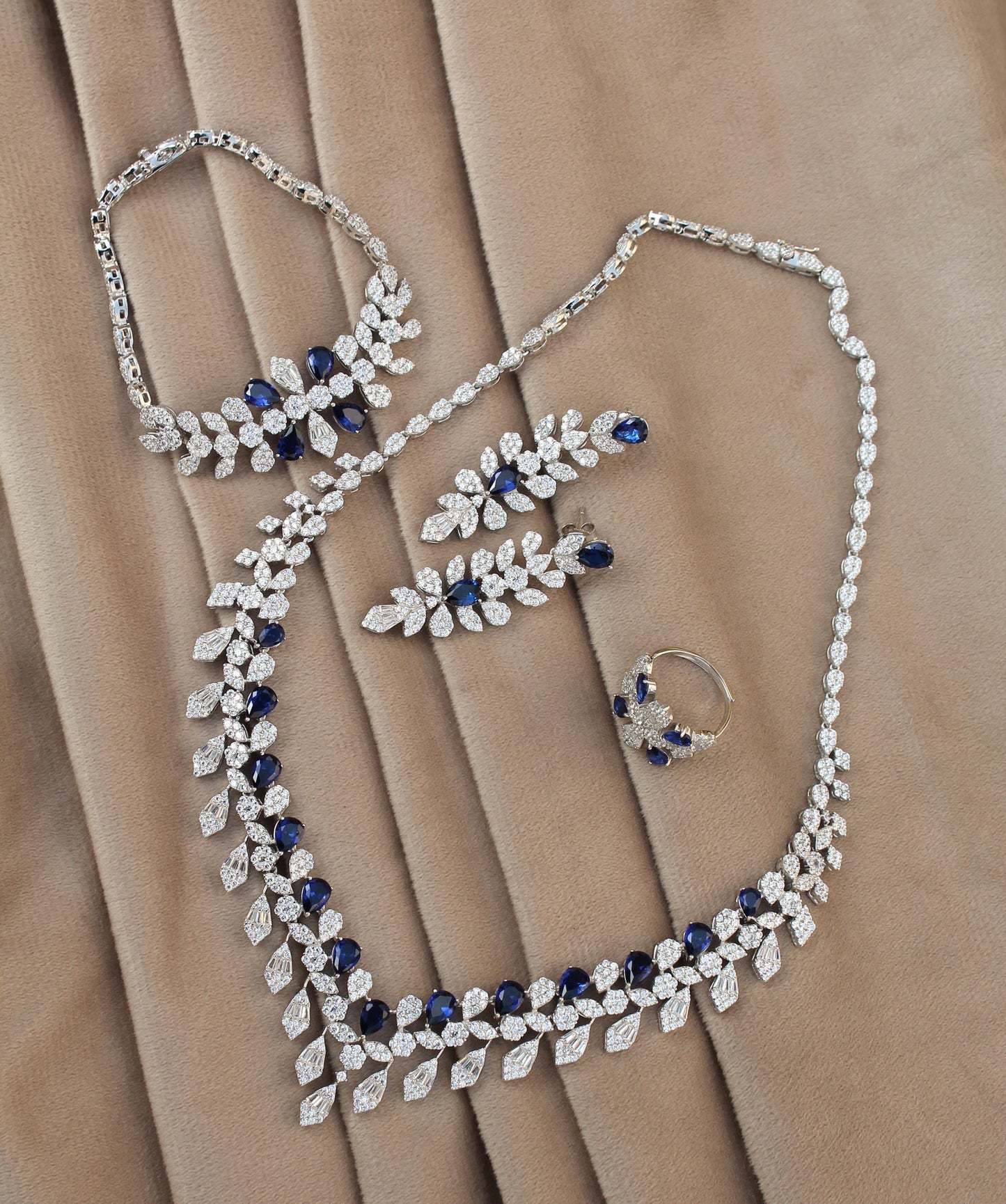 Silver CZ Necklace Set, 925 Sterling Silver Necklace with Earrings- Ring- Bracelet, CZ Stones with Synthetic Sapphire Bridal Jewelry Set