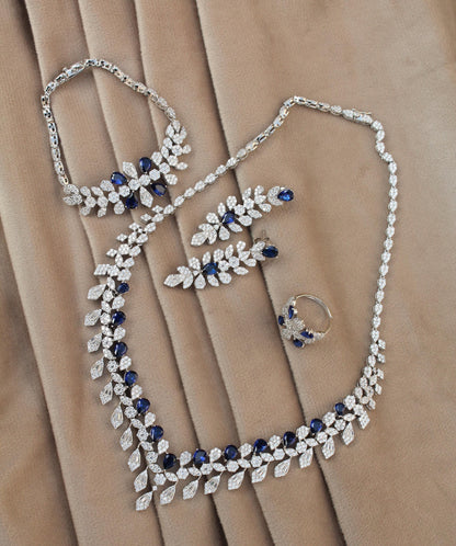 Silver CZ Necklace Set, 925 Sterling Silver Necklace with Earrings- Ring- Bracelet, CZ Stones with Synthetic Sapphire Bridal Jewelry Set
