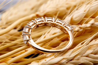 Solid Gold Ring, Moissanite Oval Ring, Half Eternity Band, 10k, 14k, 18k Gold Vintage Ring, Wedding Eternity Band, Gold Ring for Bridesmaids