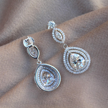 Round And Pear Dangle Earrings, Beautiful Moissanite Sterling Silver Earrings With 925 Stamped, Perfect Anniversary Gift For Wife