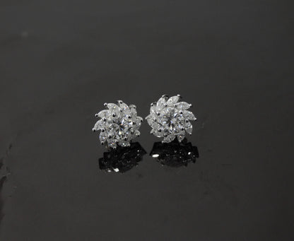 Moissanite Stud Earrings in 925 Sterling Silver, Marquise and Round Cut Stone Earrings, Floral Shape Earrings for Bride, White Stone Studs