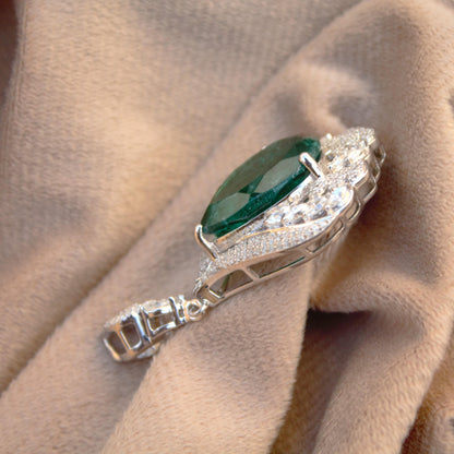 Green Emerald Inclusion with Moissanite Pendant, Statement Halo Pendant, Pear Shape 925 Sterling Silver Pendant for Special Occasion
