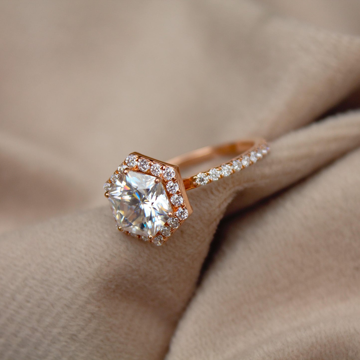 14K Rose Gold Moissanite Ring, Hexagon Ring, Art Deco Wedding Ring, Promise Ring, Vintage Halo Ring, Delicate Moissanite Gold Ring For Wife