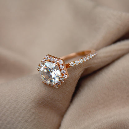 14K Rose Gold Moissanite Ring, Hexagon Ring, Art Deco Wedding Ring, Promise Ring, Vintage Halo Ring, Delicate Moissanite Gold Ring For Wife
