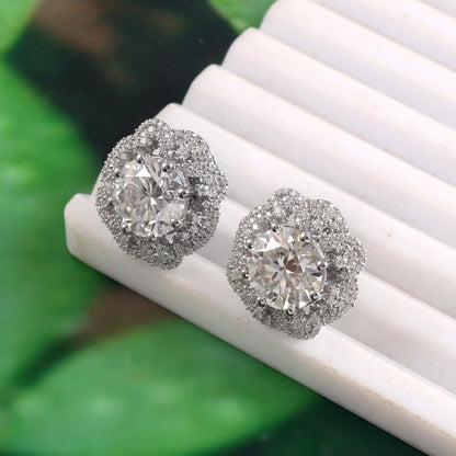 14K White Gold Stud Earrings, Round Cut Moissanite Halo Earring, Floral Gold Earrings, Push Back Earring, Wedding Gift, Handmade Jewelry