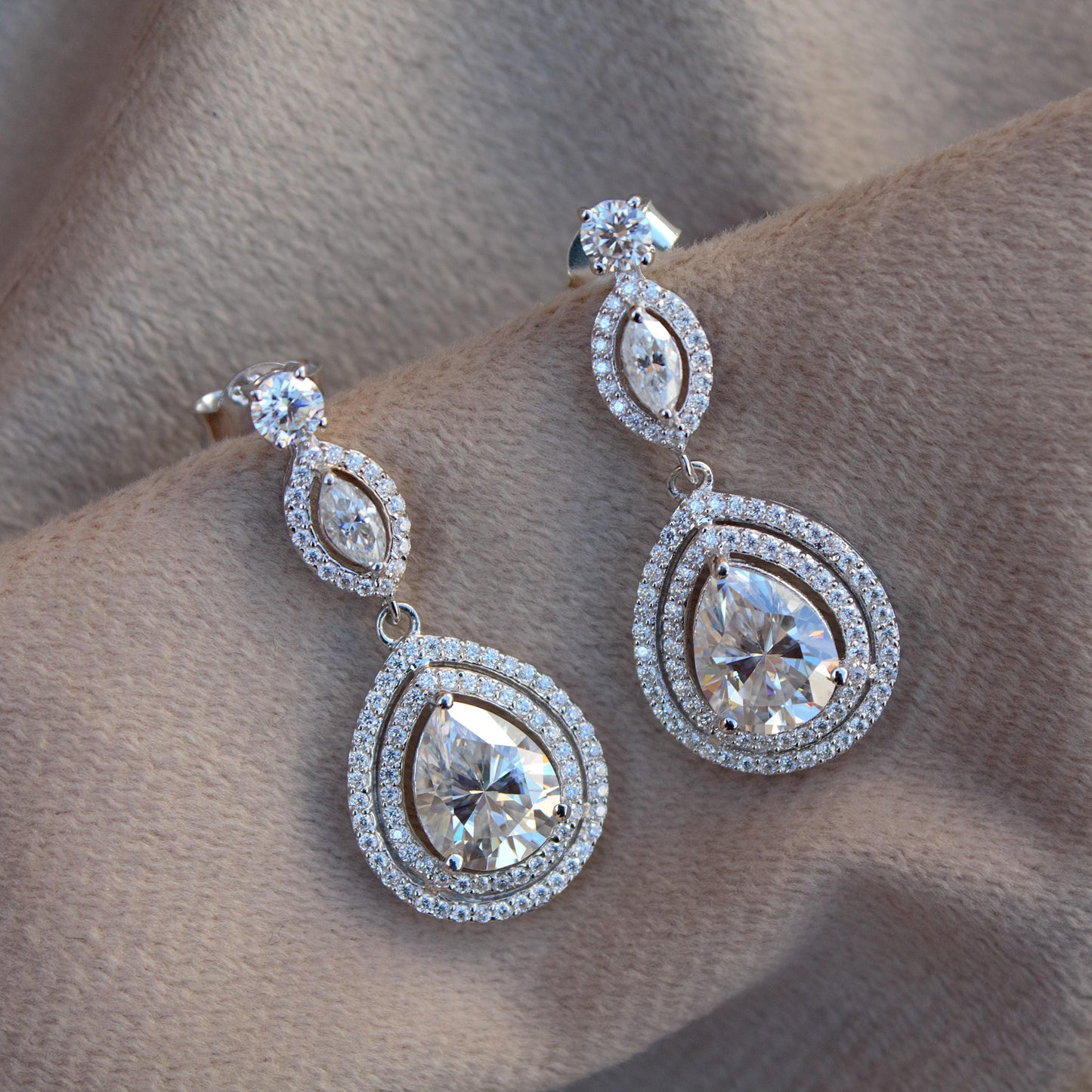 Round And Pear Dangle Earrings, Beautiful Moissanite Sterling Silver Earrings With 925 Stamped, Perfect Anniversary Gift For Wife