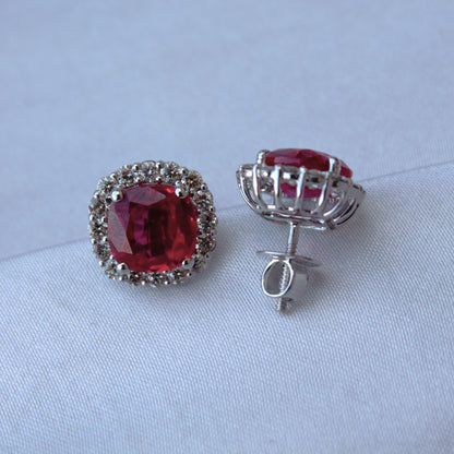 Cushion Ruby with Natural Diamond Jewelry Set, Solitaire Halo Pendant with Stud Earrings, 18k White Gold Jewelry, Engagement Gift for Bride