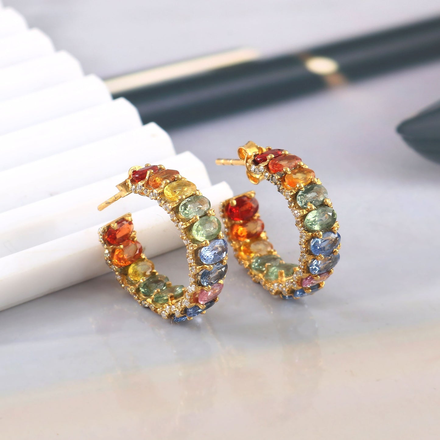 Rainbow Sapphire Hoop Earring, Natural Multi Sapphire & Moissanite Melee Stones Jewelry, Rainbow Ombre Gold Earring, Gradient Huggie Earring