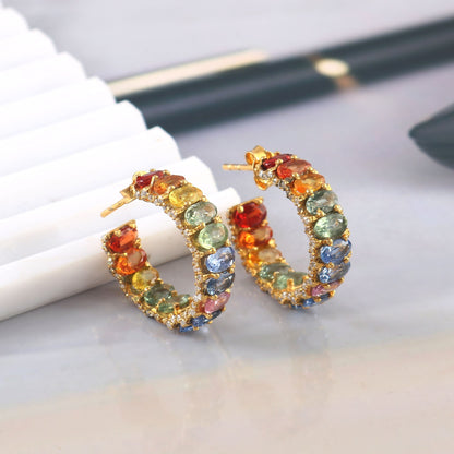 Rainbow Sapphire Hoop Earring, Natural Multi Sapphire & Moissanite Melee Stones Jewelry, Rainbow Ombre Gold Earring, Gradient Huggie Earring