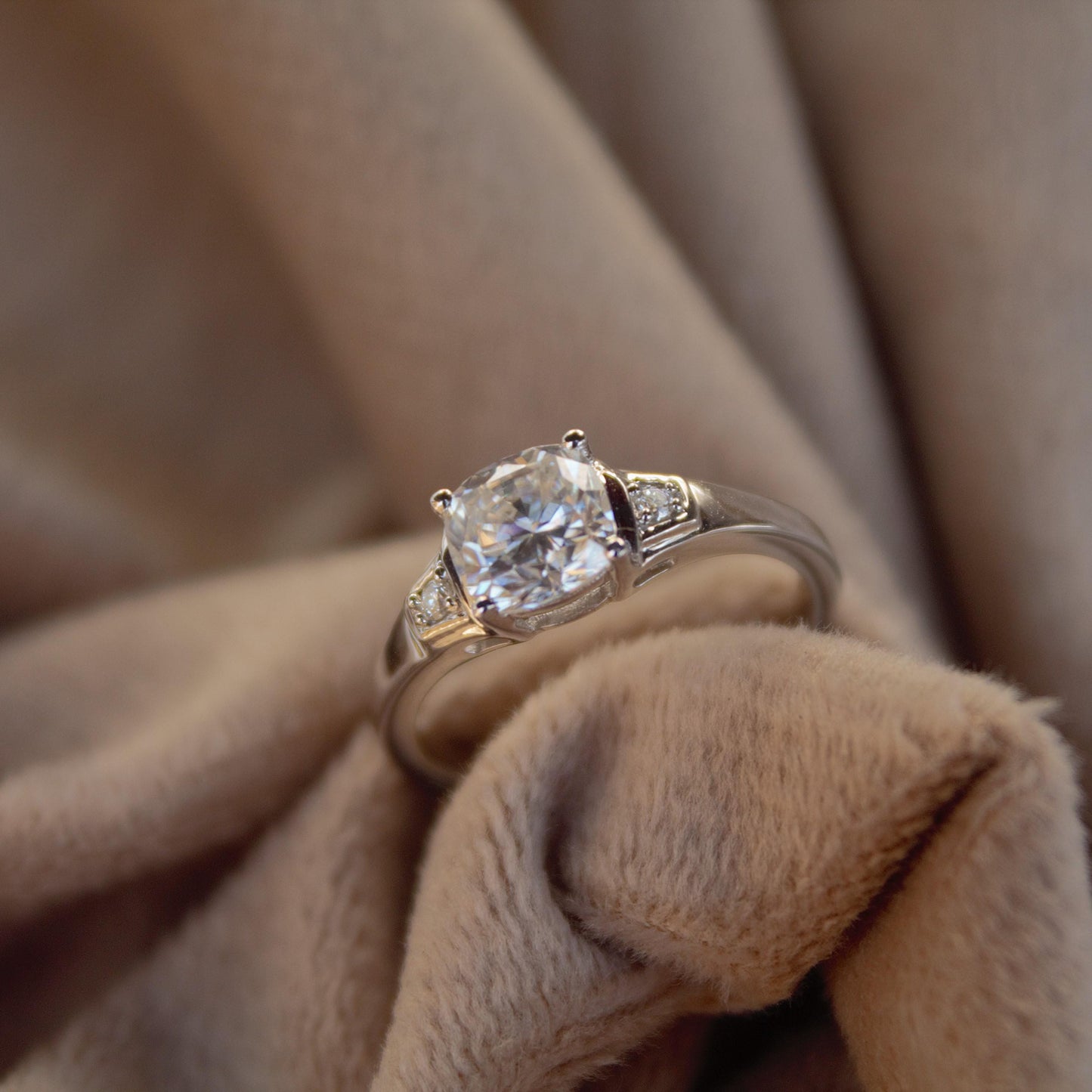 White Moissanite Cushion Cut Ring, Prong Set Ring for Her, 925 Sterling Silver Minimalist Ring, Handmade Ring for Men and Women, Dainty Ring