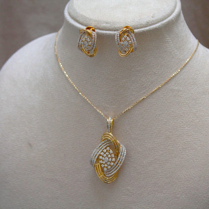 IGI Certified Natural Diamond Yellow Gold Jewelry Set, Pendant Necklace with Stud Earrings, Designer Gold Wedding Jewelry for Bridesmaids