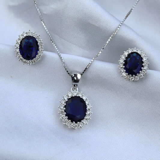 Oval Blue Sapphire with Natural Diamond Jewelry Set, Solitaire Halo Pendant with Stud Earrings, 18k White Gold Jewelry Set Gift for Women