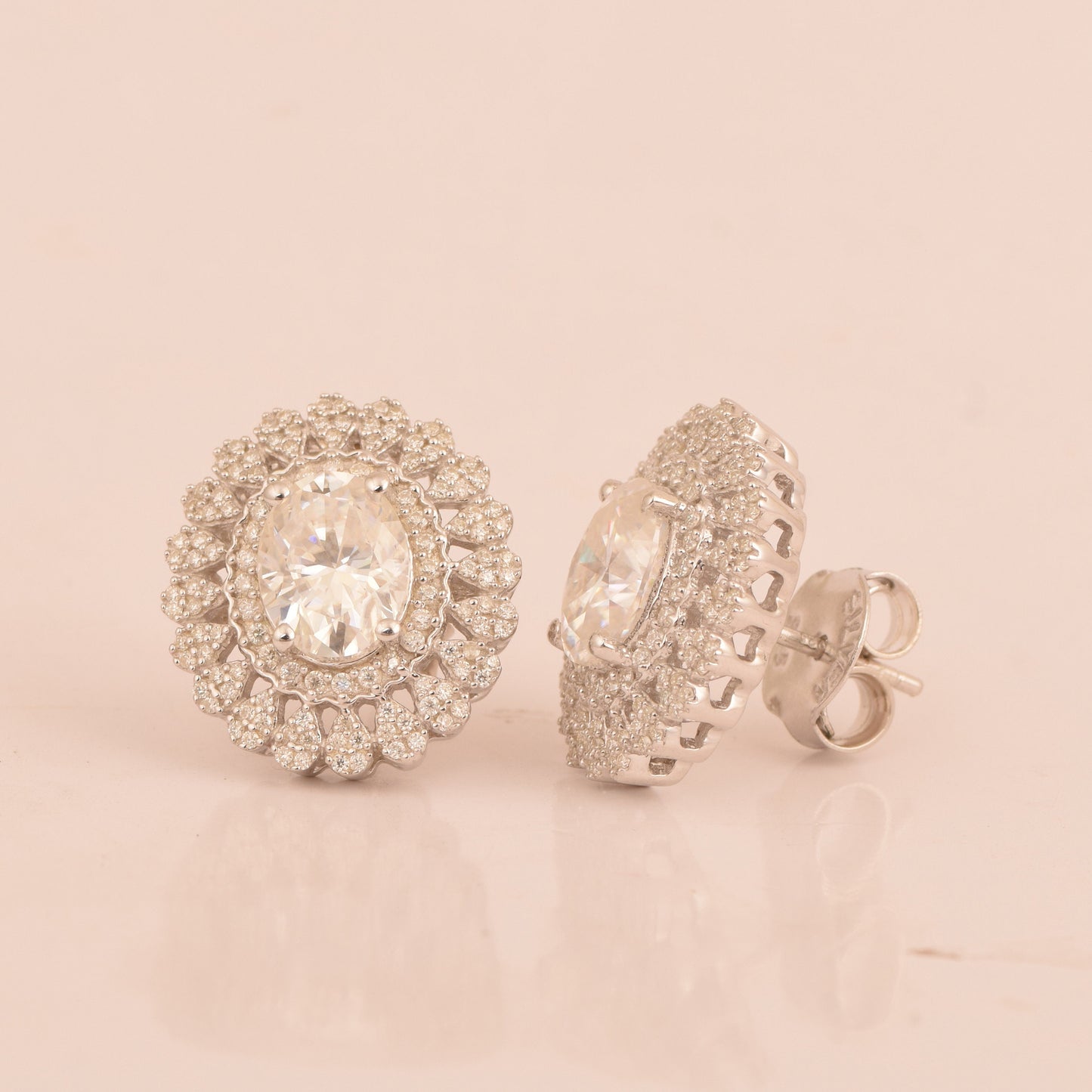 Colorless Moissanite Halo Earrings, Push Back/Screw Back Earrings, Wedding Stud Earrings for Women, White Gold Earrings, Anniversary Gifts