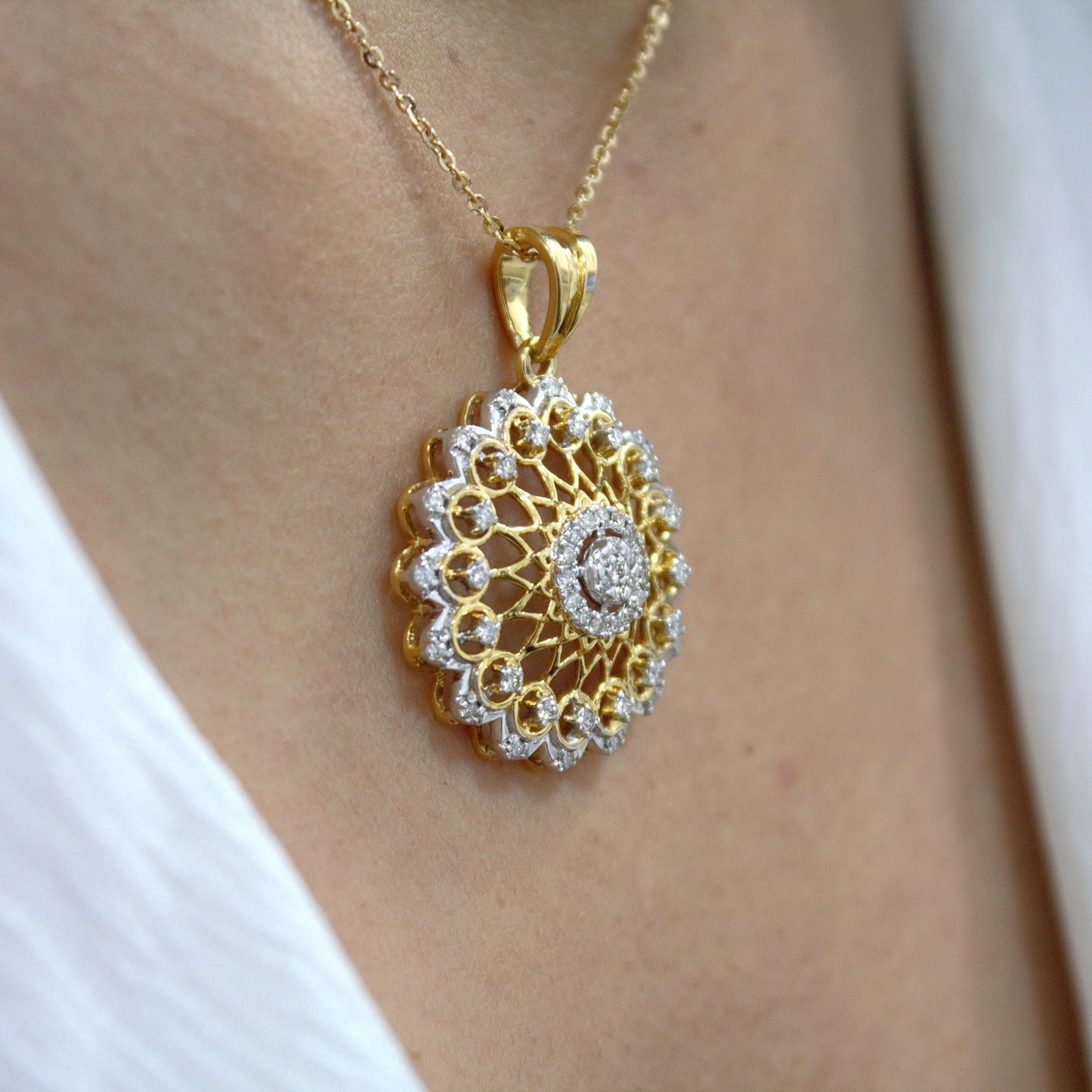 Diamond Gold Jewelry Set for Bride, 18k Yellow Gold Necklace Earrings Set, Cluster Pendant with Stud Earrings, IGI Certified Diamond Jewelry