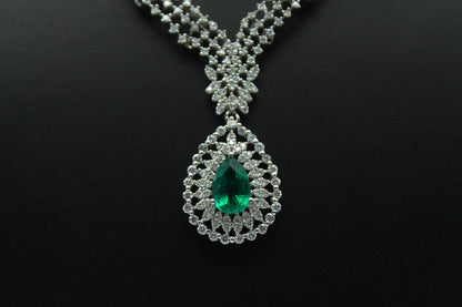 Emerald & Moissanite Necklace Earrings Set, 925 Sterling Silver Necklace, Anniversary Gift, Designer Jewelry, Wedding Necklace Set for Bride