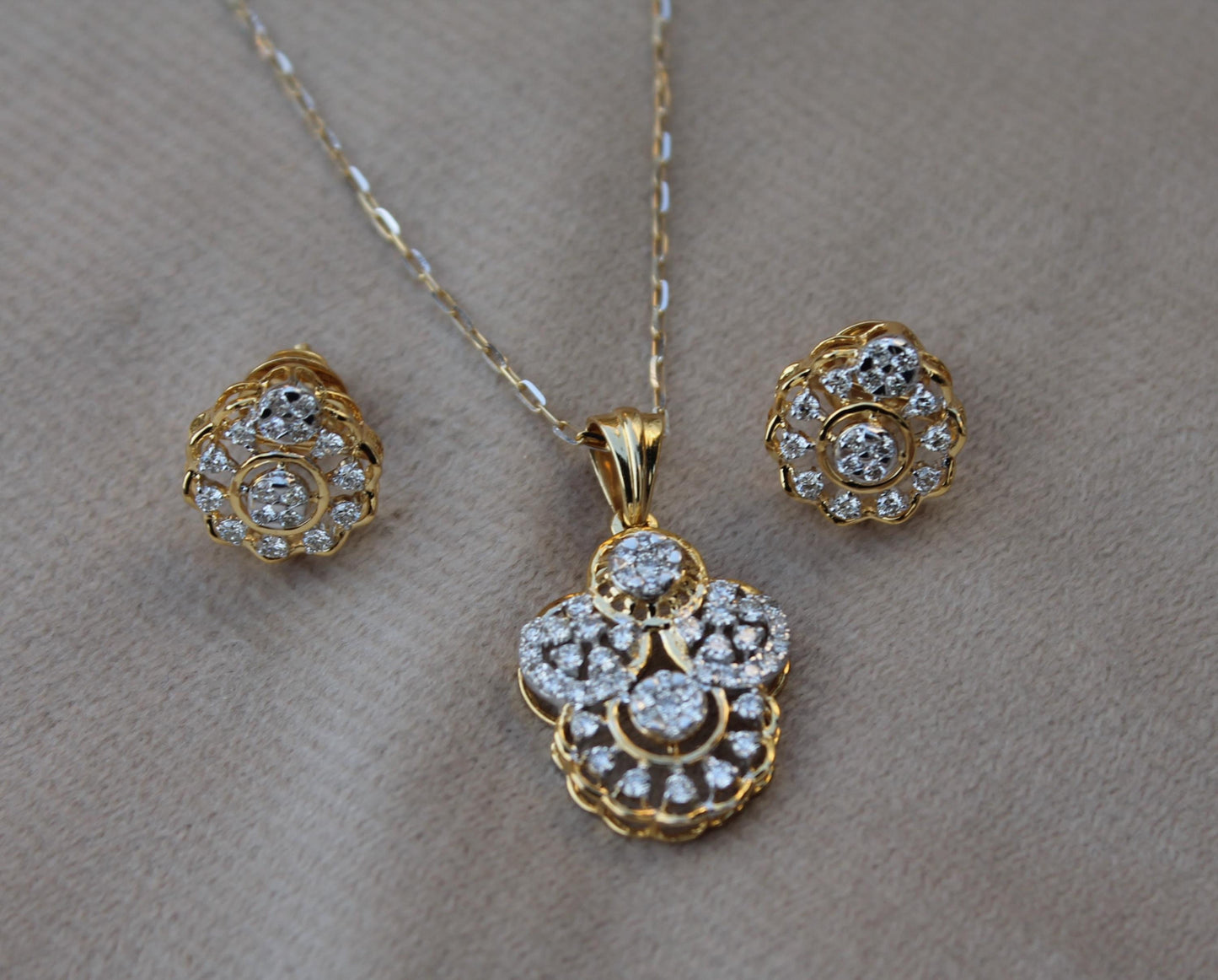 IGI Certified Gold Diamond Jewelry, Natural Diamond Earring With Necklace Set, 18K Gold Diamond Jewelry, Designer Diamond Set Gift For Her