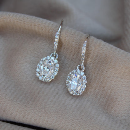White Moissanite Dangle Earrings in 925 Sterling Silver, Oval Cut Stone Earrings for Her, Statement Jewelry, Perfect for Valentines Day Gift