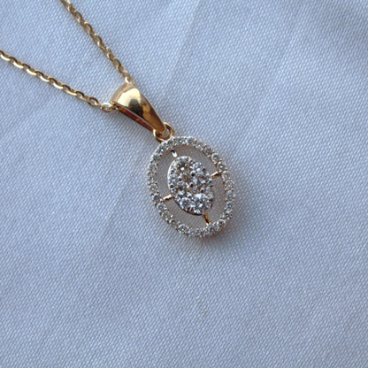 Natural Diamond Halo Solitaire Gold Necklace, 18k Yellow Gold Chain Pendant Necklace, Oval Shape Necklace for Her, Anniversary Gift for Wife