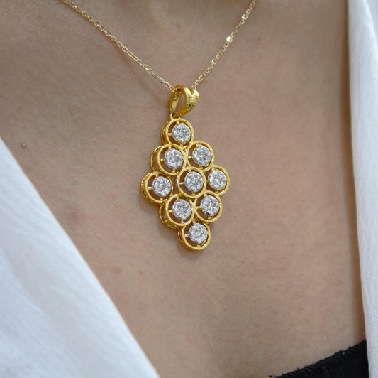 18k Gold Diamond Necklace Earring Set, Classic Handmade Bridal Jewelry Set, Designer Wedding Gift, Real Diamond Pendant with Stud Earrings