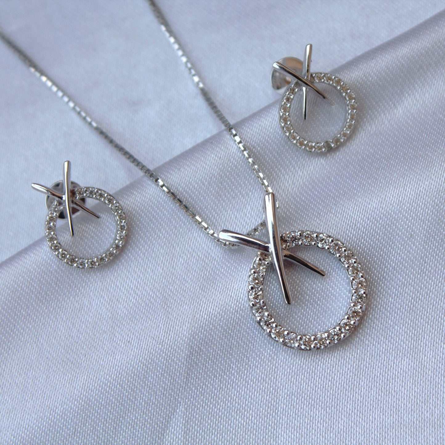 Minimalist Real Diamond Necklace Earring Set, 18k White Gold Jewelry Set, Gold Chain Pendant with Stud Earrings, Perfect Engagement Jewelry