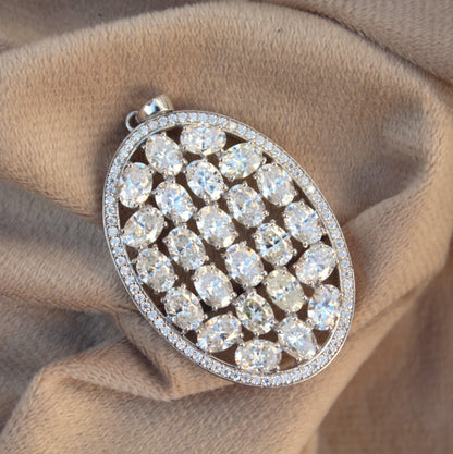 Oval Shape Statement 925 Silver Pendant, Oval & Round Moissanite Pendant For Anniversary Gift, Heavy Victorian Style Pendant For Her