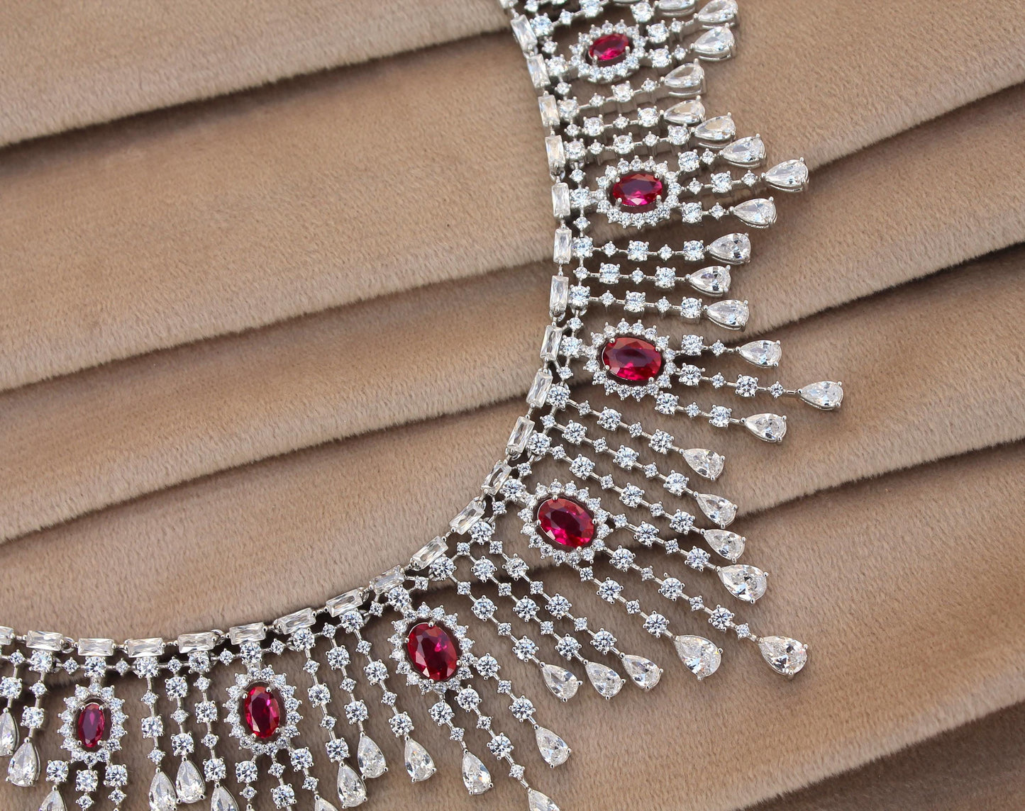 Cubic Zirconia Silver Wedding Jewelry Set, CZ with Synthetic Ruby Necklace Set, 925 Sterling Silver Victorian Necklace-Earring-Ring-Bracelet