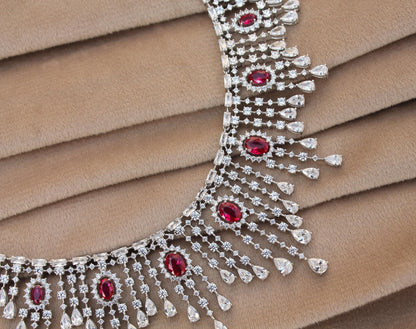 Cubic Zirconia Silver Wedding Jewelry Set, CZ with Synthetic Ruby Necklace Set, 925 Sterling Silver Victorian Necklace-Earring-Ring-Bracelet