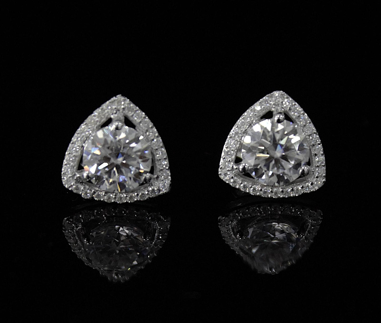 Silver Stud Moissanite Earrings for Her, Solitaire Halo Stud Earrings, Trillion Shape Earrings, Round Cut Earrings, 925 Sterling Silver Stud
