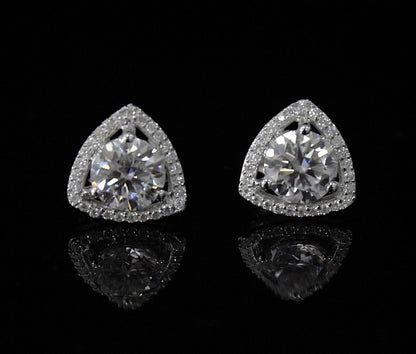 Silver Stud Moissanite Earrings for Her, Solitaire Halo Stud Earrings, Trillion Shape Earrings, Round Cut Earrings, 925 Sterling Silver Stud