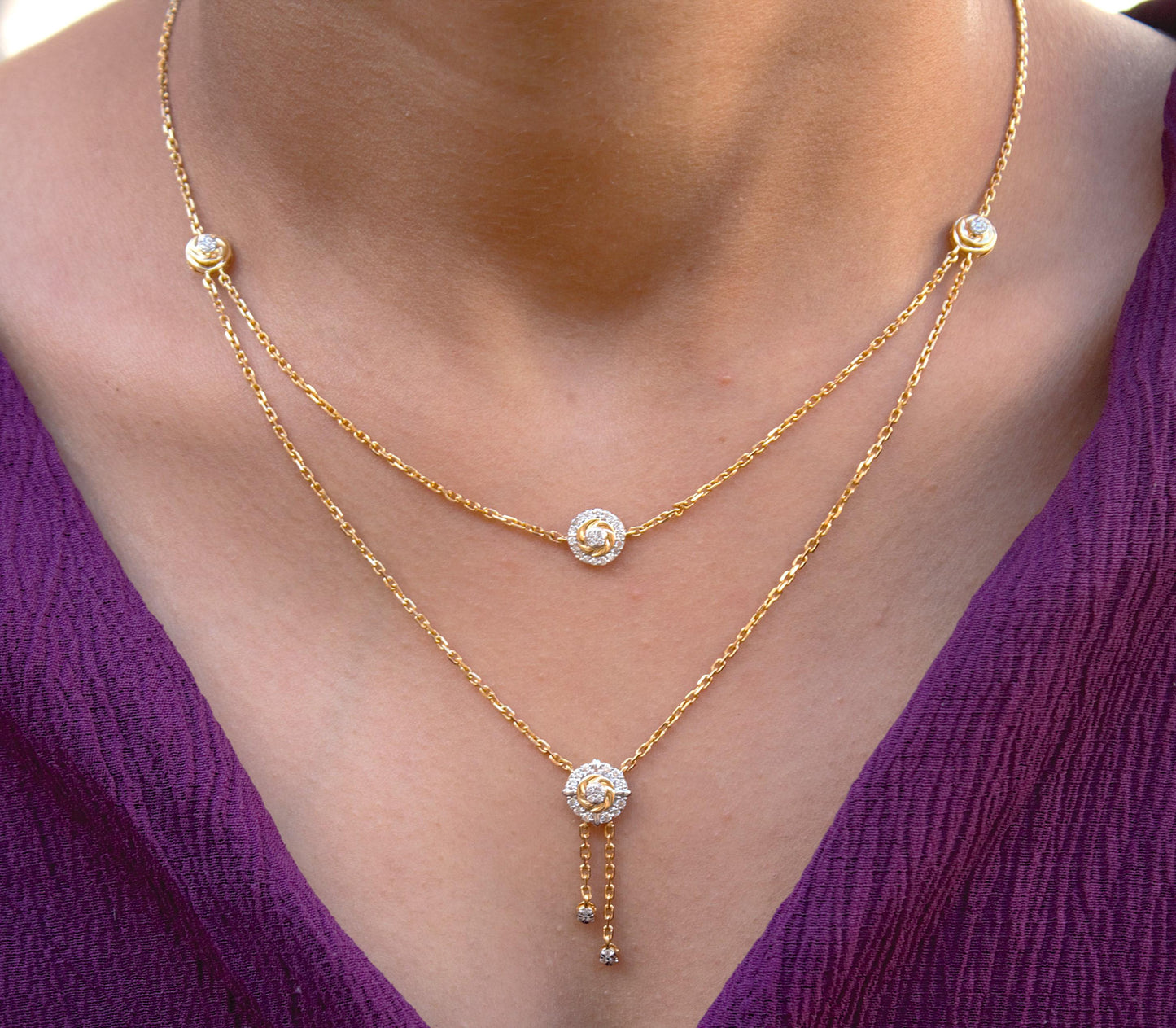 14k Solid Yellow Gold Double Layered Necklace, IGI Certified Gold Diamond Layering Necklace, 16 Inch Timeless Gold Necklace,Delicate Jewelry