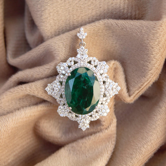 Moissanite & Green Inclusions Emerald Pendant for Gift, Designer Sterling Silver Pendant, 925 Silver Pendant for Chain, Victorian Jewelry