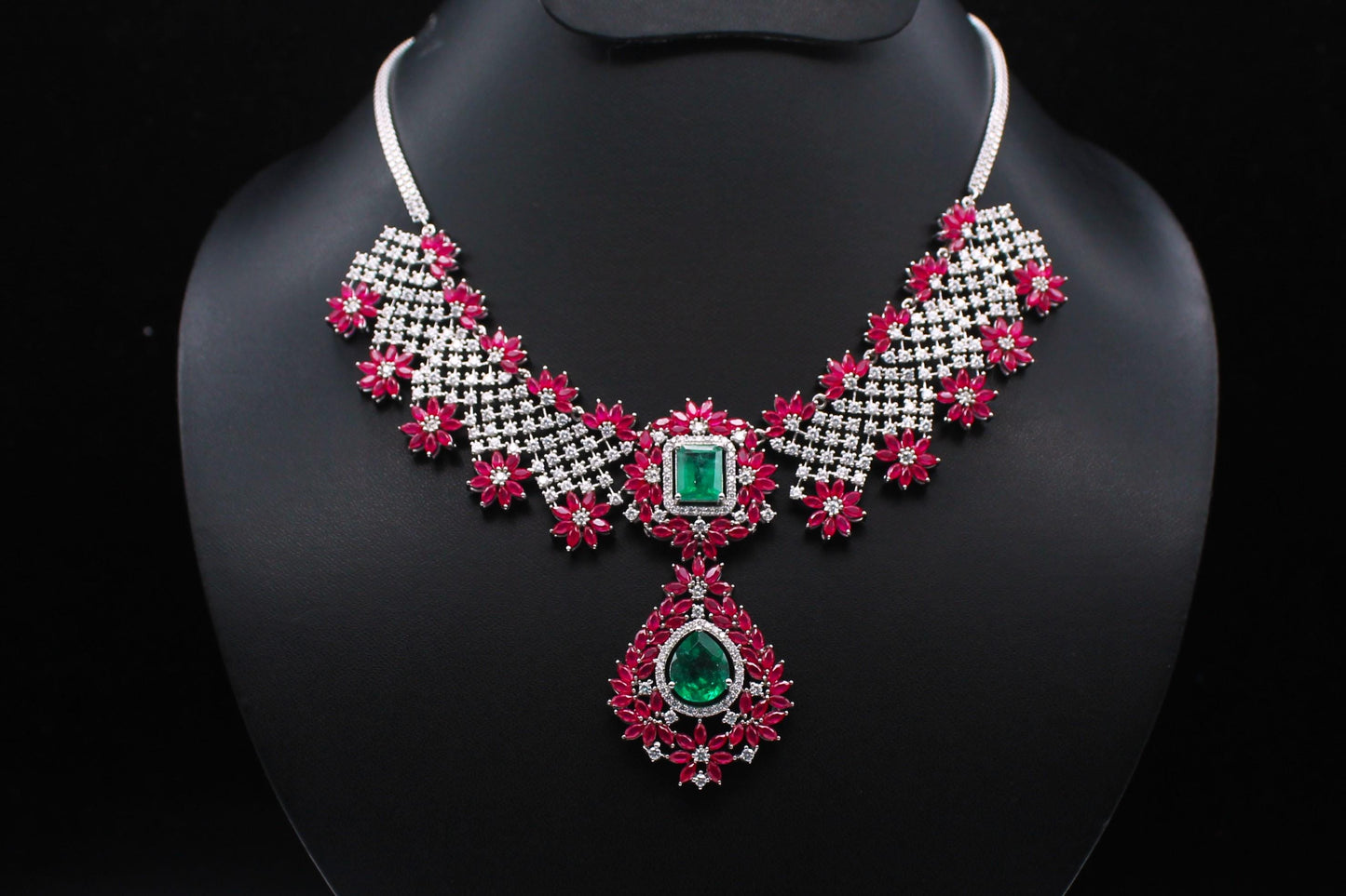 Ruby, Emerald with Moissanite Necklace, Party Wear 925 Sterling Silver Jewelry Set, Anniversary Gift For Wife, Beautiful Wedding Necklace