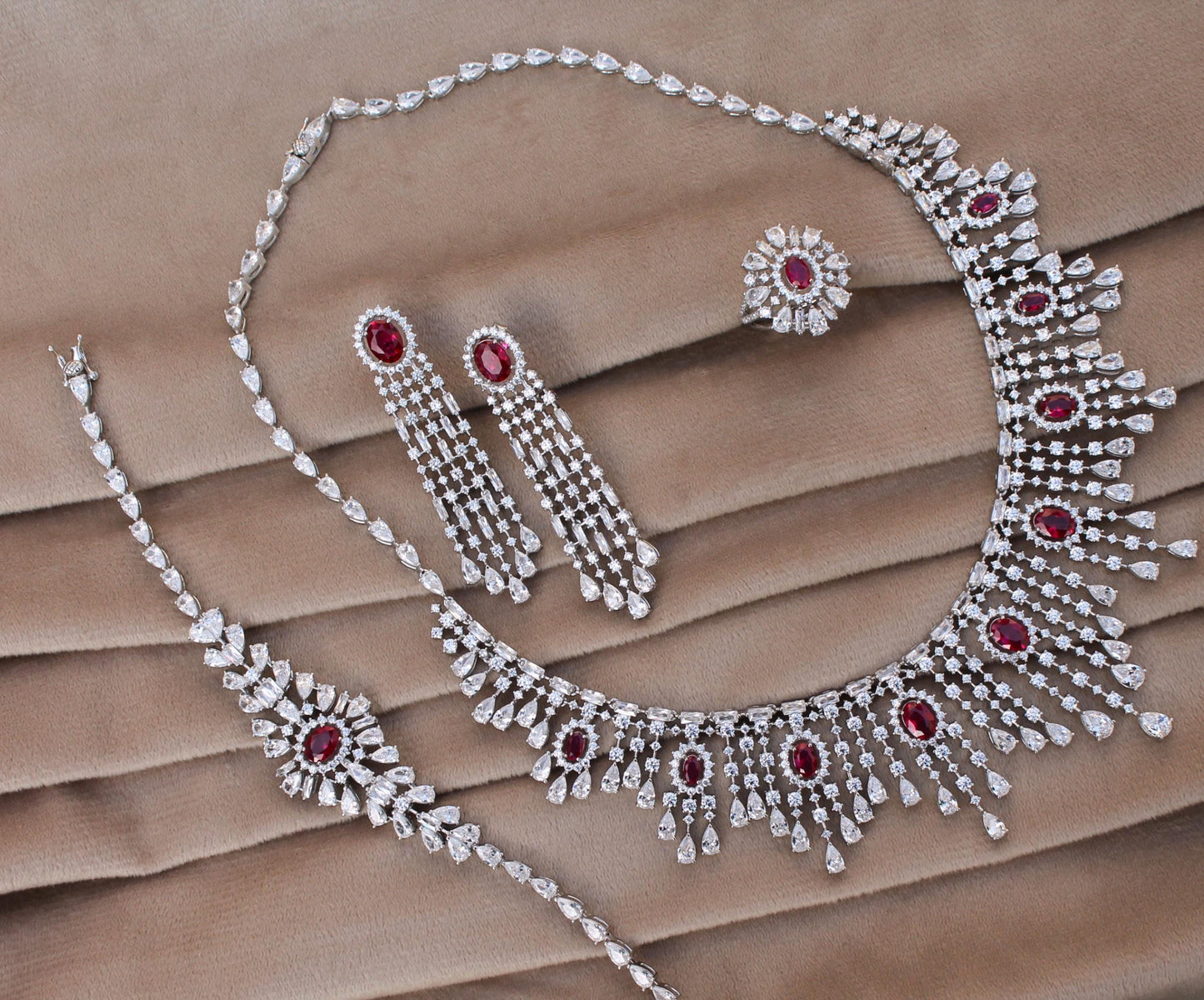 Cubic Zirconia Silver Wedding Jewelry Set, CZ with Synthetic Ruby Necklace Set, 925 Sterling Silver Victorian Necklace-Earring-Ring-Bracelet