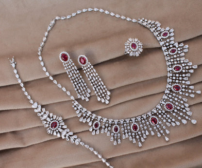 Cubic Zirconia Silver Wedding Jewelry Set, CZ with Synthetic Ruby Necklace Set, 925 Sterling Silver Victorian Necklace-Earring-Ring-Bracelet