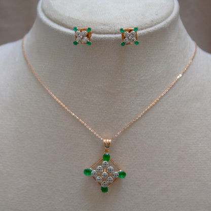 18K Gold Diamond Stud Earrings and Necklace, Charm Handmade Bridal Jewelry Set, Green Emerald Jewelry, Minimalist Wedding Gift for Women