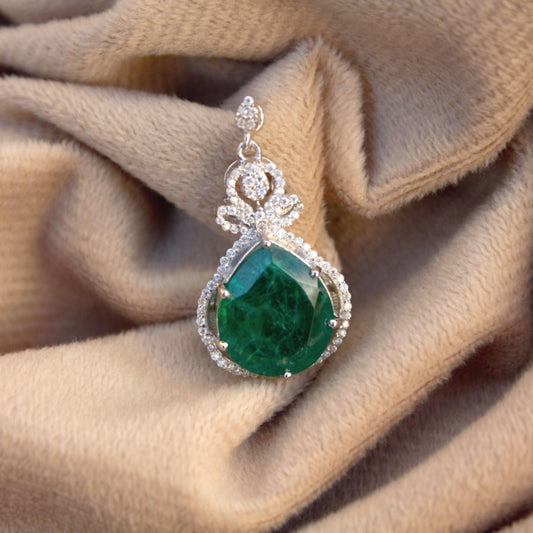 Green Inclusions Emerald With Moissanite Pendant, 925 Sterling Silver Moissanite Pendant For Gift, Victorian Style Pendant Without Chain