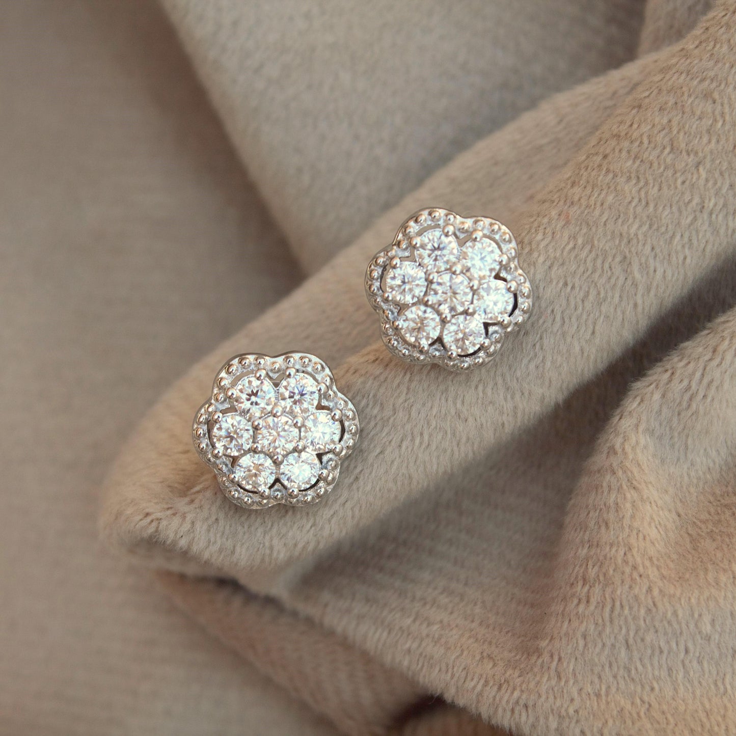 Silver Moissanite Flower Stud Earrings, Solitaire Halo Earrings, Floral Style Round Dainty Stud Earrings, Moissanite Diamond Tester Approved