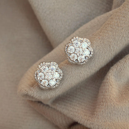 Silver Moissanite Flower Stud Earrings, Solitaire Halo Earrings, Floral Style Round Dainty Stud Earrings, Moissanite Diamond Tester Approved